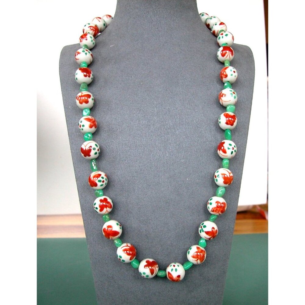 Vintage Asian Style Beaded Necklace With Red Butterflies